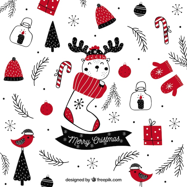 Vintage christmas background with hand drawn elements