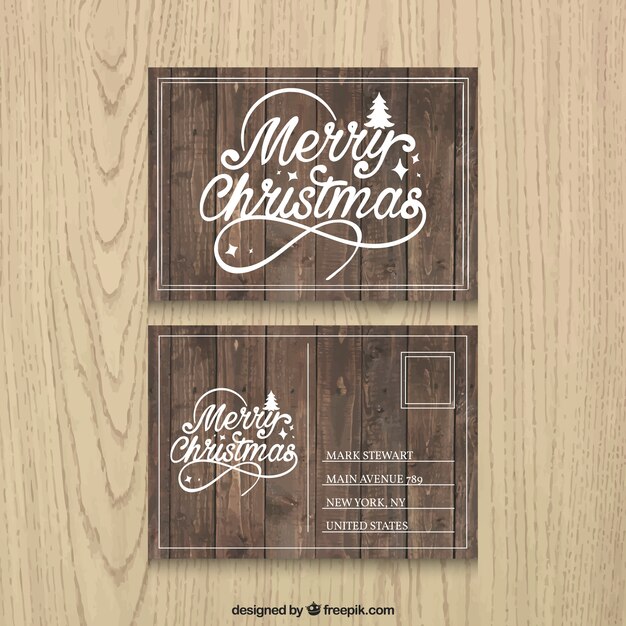 Vintage christmas postcard with wood texture