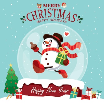 ベクトルサンタクロース雪だるまトナカイのキャラクターとヴィンテージクリスマスポスターデザイン