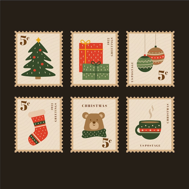 Бесплатное векторное изображение Коллекция старинных рождественских марок