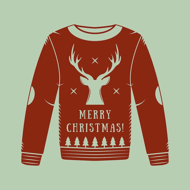 赤の鹿、木、星とヴィンテージのクリスマスセーター。ベクトルイラスト Premiumベクター