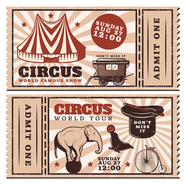 Горизонтальные рекламные билеты на винтажное цирковое шоу