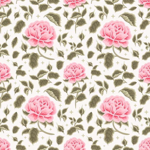 Vintage classic and aesthetic hand drawn shabby chic pink rose flower seamless pattern Premium Vector