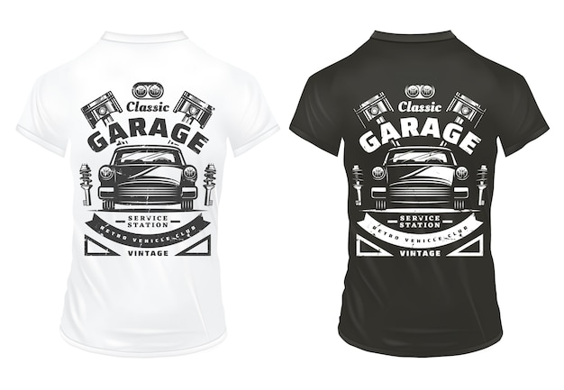 Vintage Classic Cars Garage Service Prints With Inscriptions Retro Automobile Headlights Engine Pistons Shock Absorbers On Shirts Isolated