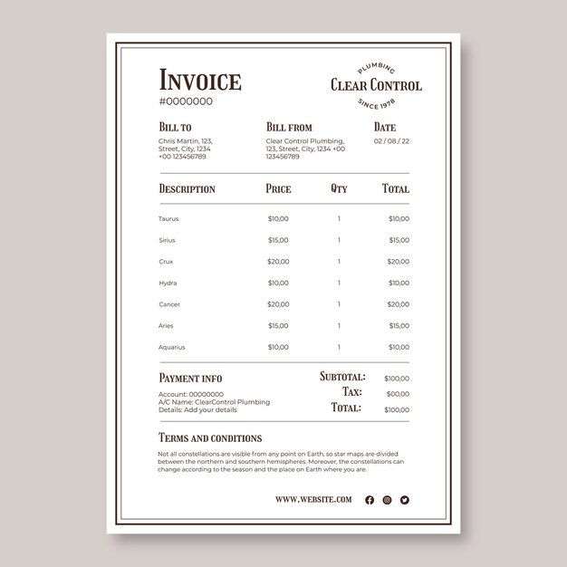 Vintage clear control plumbing invoice