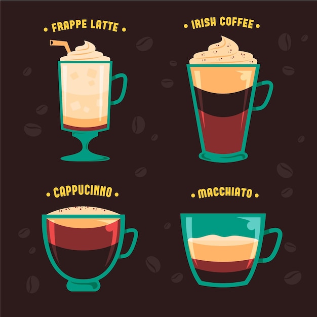 Vettore gratuito raccolta d'annata dell'illustrazione dei tipi di caffè