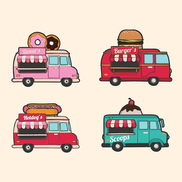 Free vector vintage collection of hand drawn food trucks