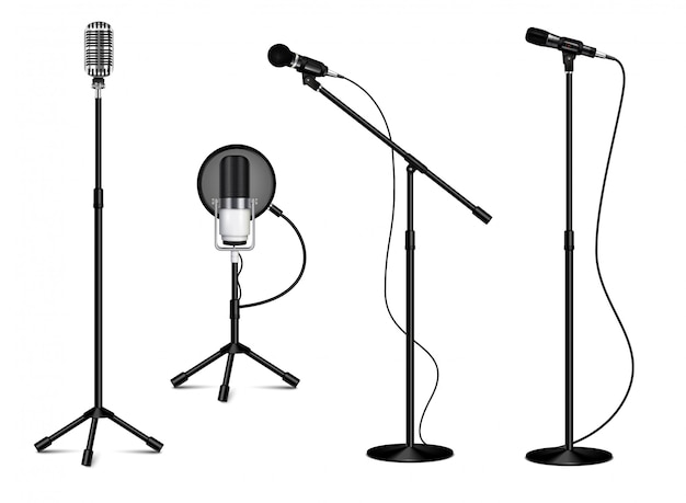 Vintage collection of standing professional microphones with wire on white background in realistic style isolated  illustration