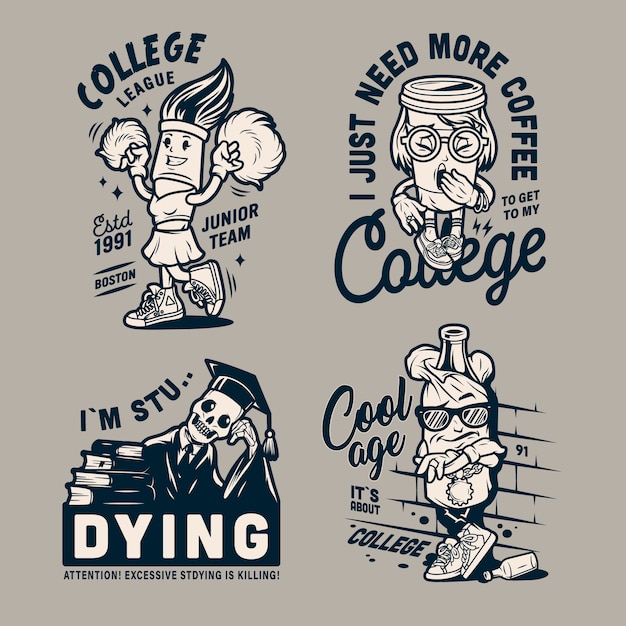 Free vector vintage college funny characters emblems