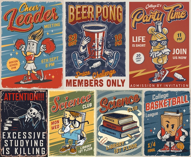 Vintage college posters set