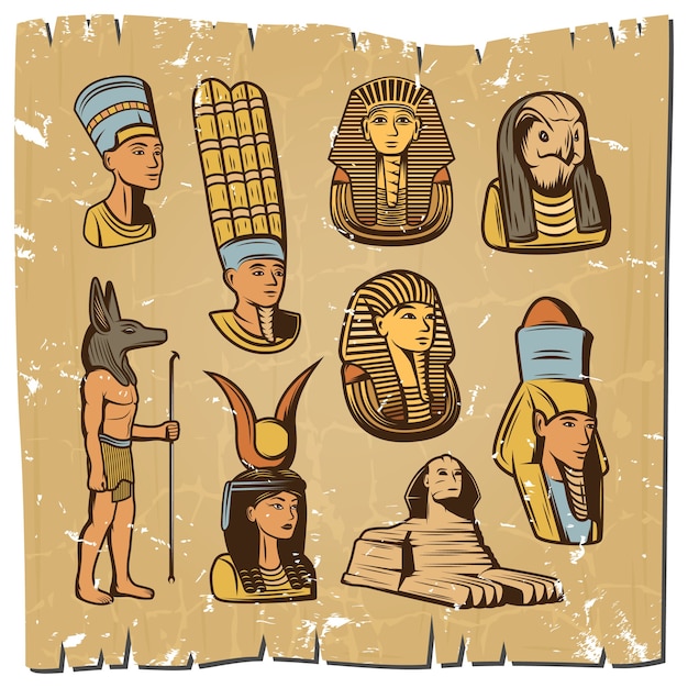 Коллекция старинных цветных древних египетских элементов