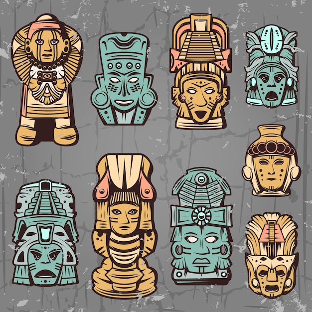 Free vector vintage colored aztec masks set