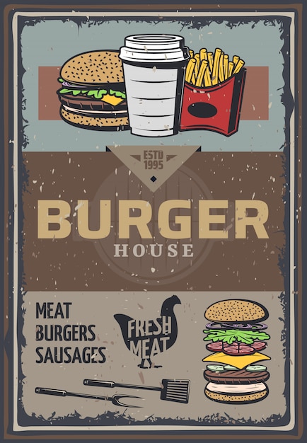 Vintage colored burger house poster with inscription hamburger cheeseburger soda french fries cooking utensils 