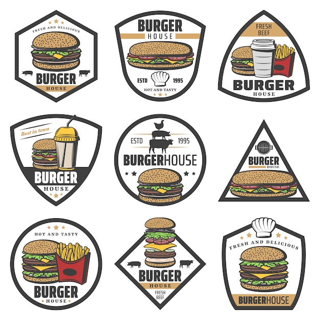 Vintage colored burger labels set with sandwich french fries soda and cheeseburger ingredients isolated