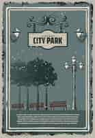 Free vector vintage colored city park poster with street lanterns trees benches and hanging wooden signboard