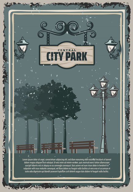Урожай цветной городской парк плакат с уличными фонарями деревьев скамейки и висит деревянная вывеска