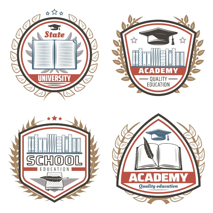 Free Vector vintage colored education emblems set with inscriptions books bookshelf graduation cap feather floral wreathes isolated