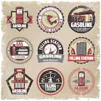 Free vector vintage colored filling station labels set with gasoline pumps canister fuel gauge car refilling petrol nozzle isolated