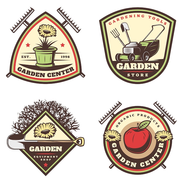 Vettore gratuito set di emblemi di giardinaggio colorati vintage