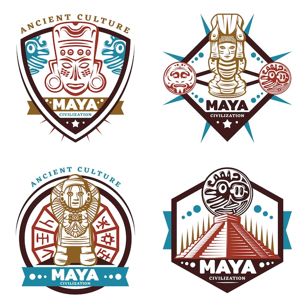 Vintage colored maya civilization emblems set