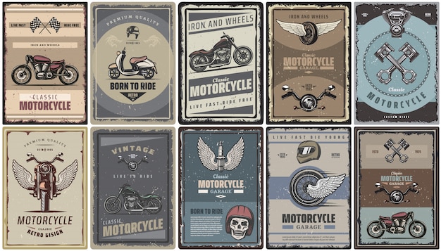 Free vector vintage colored motorcycle posters set with classic motorbikes scooter moto parts
