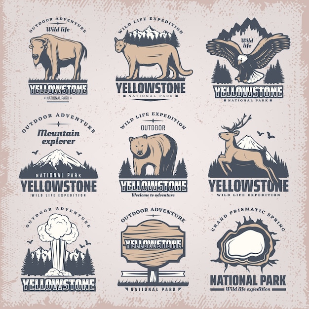 Vintage colored national park emblems set with rare wild animals nature landscapes geyser plank grand prismatic spring isolated