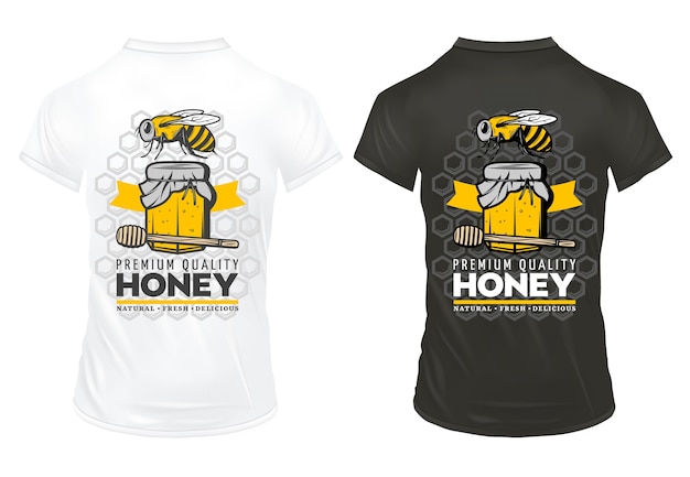 Vintage colored natural honey prints template on shirts with inscriptions bee pot stick and honeycombs isolated