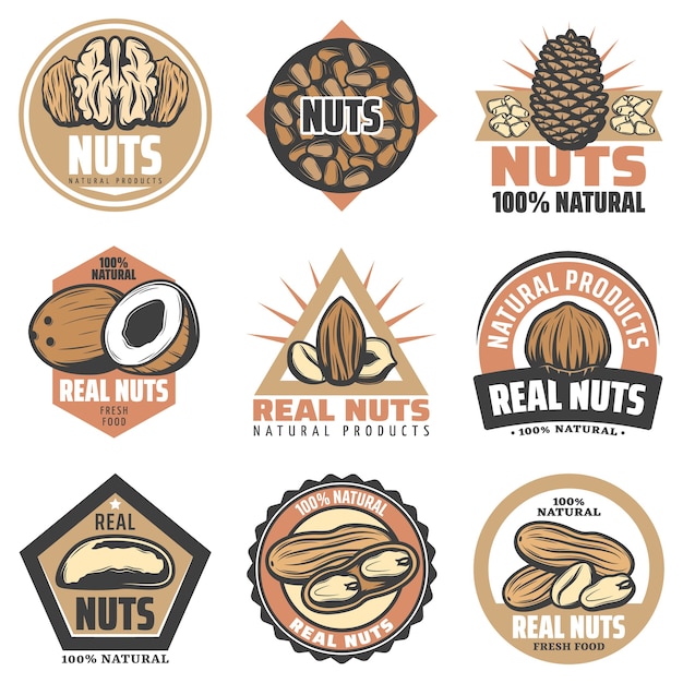 Free vector vintage colored organic food emblems set with inscriptions and different tasty natural nuts isolated