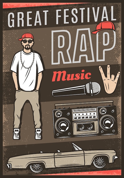 Free vector vintage colored rap music festival poster with inscription rapper car cabriolet boombox microphone hand gesture