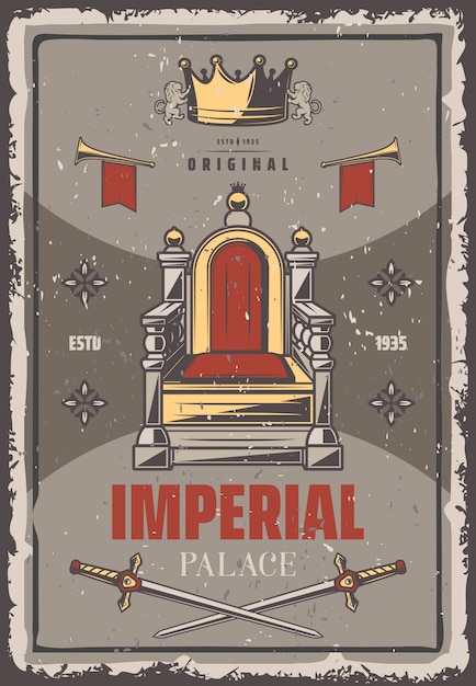 ヴィンテージ色の王室のポスター碑文帝国のトランペットの王冠と交差した剣