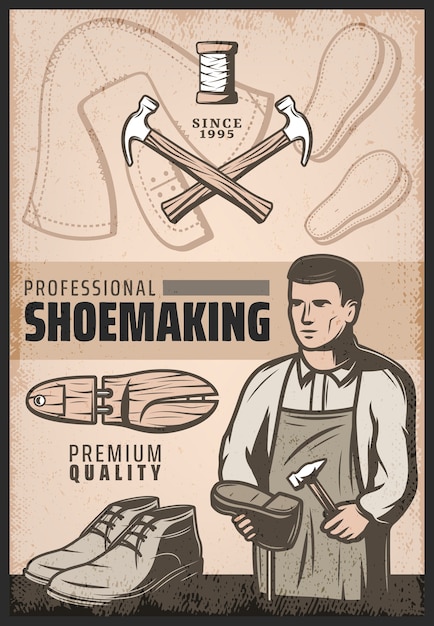 Бесплатное векторное изображение Винтажный цветной плакат по изготовлению обуви с сапожником, ремонтирующим молотки для обуви, деревянный сапог и катушка с нитками