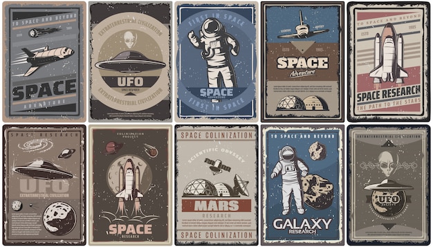 Free vector vintage colored space posters with spaceships ufo planets astronauts asteroids mars colonization and research isolated