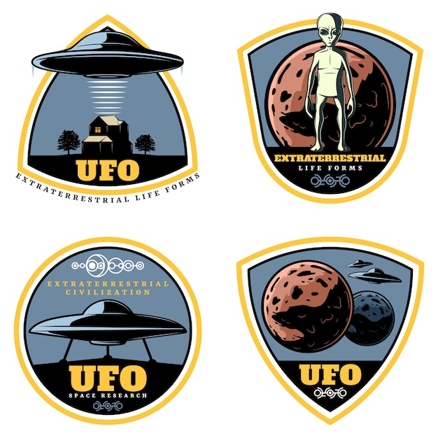 Free vector vintage colored ufo emblems set