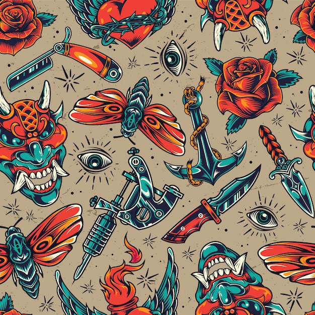 Free vector vintage colorful tattoos seamless pattern