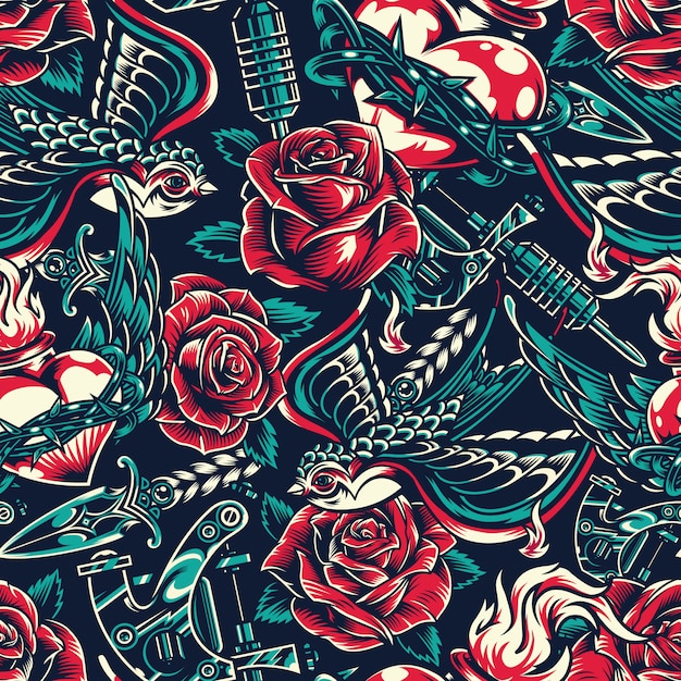 Vintage colorful tattoos seamless pattern