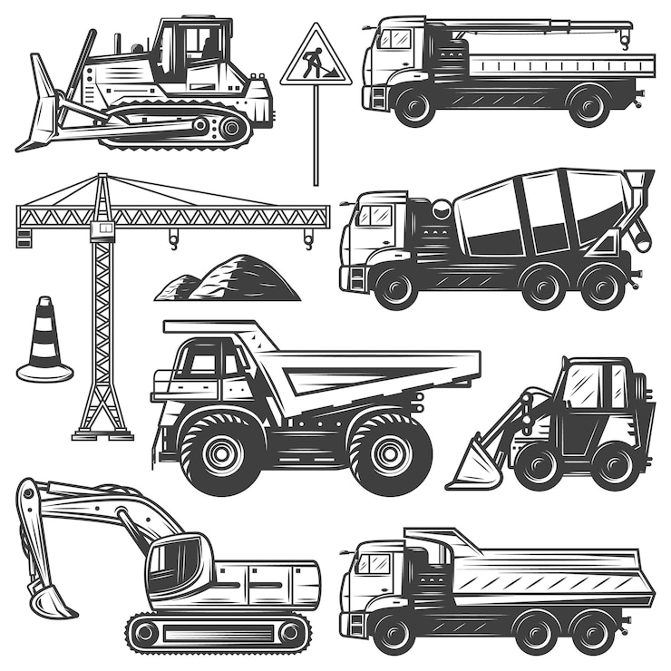 Free Vector vintage construction machines set with bulldozers excavator crane building concrete mixer and dump trucks isolated