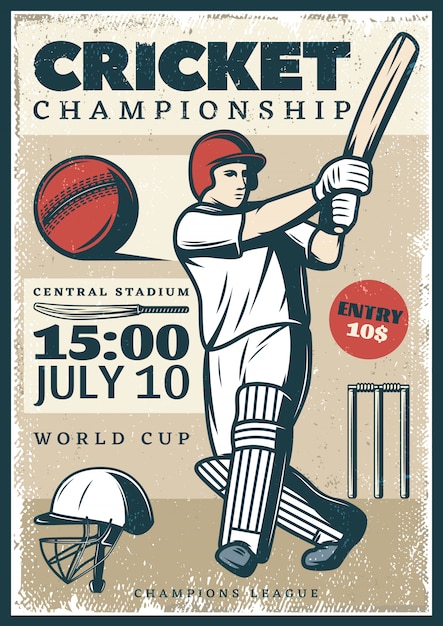 Poster di sport del campionato di cricket vintage