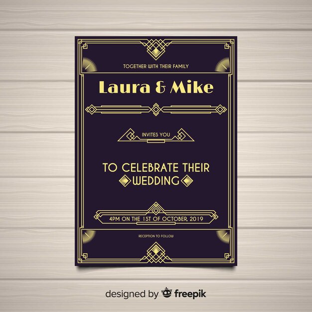 vintage dark wedding invitation template in art deco design