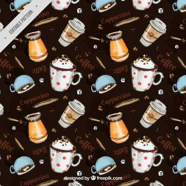 Vintage decorative watercolor pattern with coffee cups