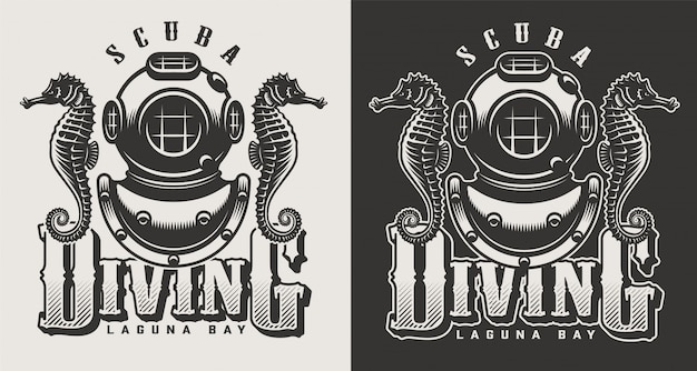 Free vector vintage diving center monochrome logotypes with mask and snorkel illustration