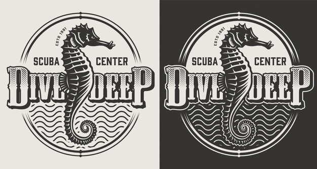 Vintage diving labels with seahorses and dive helmet in monochrome style illustration