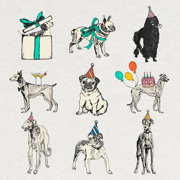 Vintage dog stickers in birthday theme set, remixed from artworks by moriz jung
