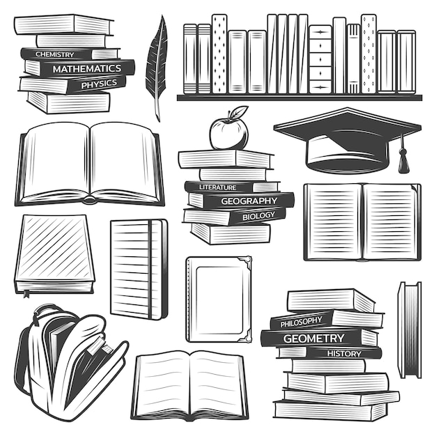 Free vector vintage education elements set with school books textbooks bag apple graduation cap feather isolated