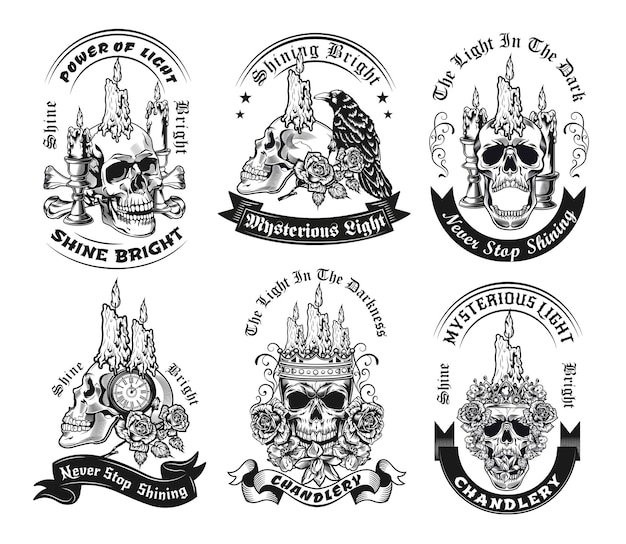 Free vector vintage emblem with candle on skull illustration set