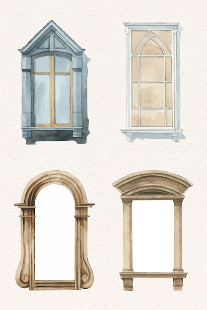 Vettore gratuito clipart dell'acquerello dell'insieme di vettore dell'architettura della finestra europea dell'annata