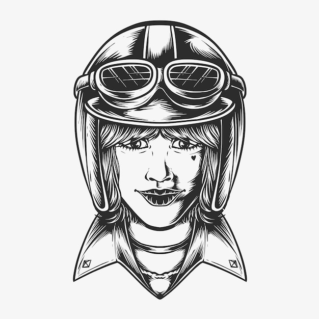 Vintage female biker vector logo