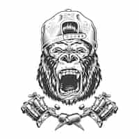 Free vector vintage ferocious gorilla head in cap