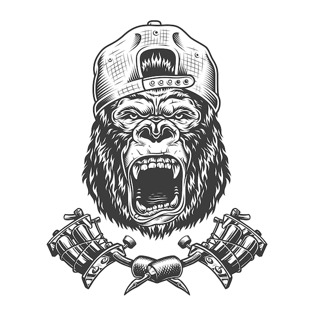 Бесплатное векторное изображение Винтажная свирепая голова гориллы в кепке