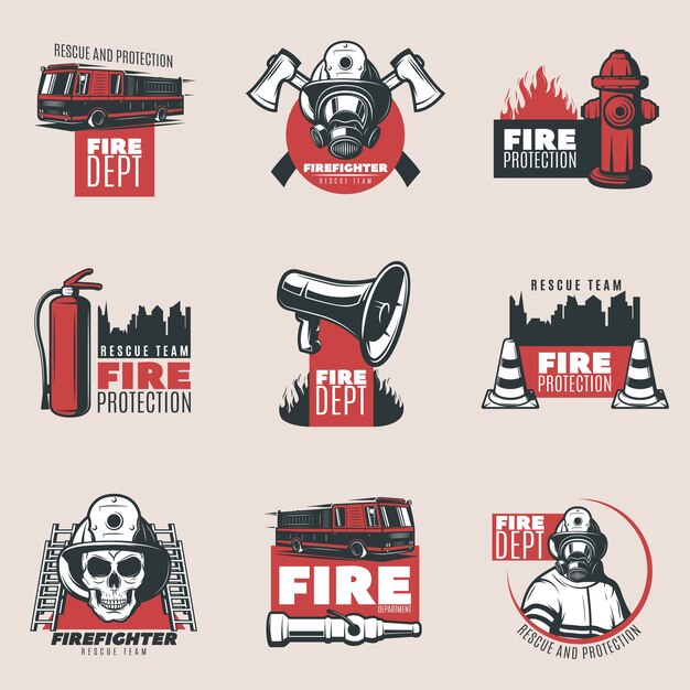vintage fire protection logos set
