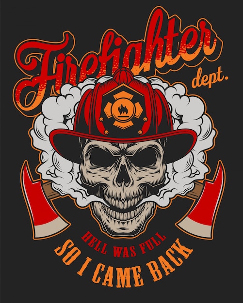 Vintage firefighter colorful label template with fireman skull in helmet and crossed axes illustration
